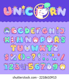 Cartoon unicorn font, magic type or typeface, vector letters of baby text alphabet. Pink funny princess unicorn font or girl typography type with cute cartoon fairy characters, kid dream typeface