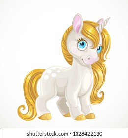 Cartoon unicorn with a golden mane isolated on white background