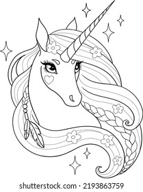 Cartoon unicorn with gorgeous mane. Vector illustration for coloring book