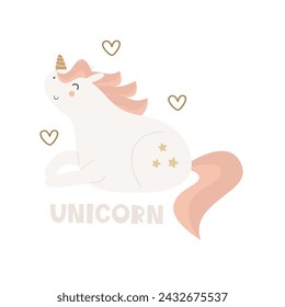 Cartoon unicorn, hand drawing lettering, decor elements. Colorful vector illustration for kids, flat style. baby design for card, print, poster, cover.
