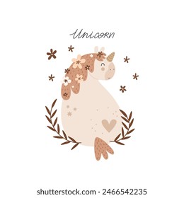 Cartoon unicorn, hand drawing lettering, decor elements. Colorful vector illustration for kids, flat style. baby design for card, print, poster, cover.