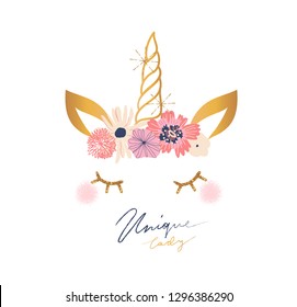Cartoon unicorn head with flowers vector illustration. Girl slogan for t shirt. Modern beautiful print for girls. Creative typography slogan design. Sign "UNIQUE LADY".