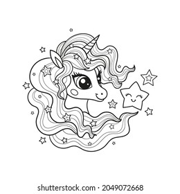 Cartoon unicorn head with long mane and stars. Black and white linear image For coloring book design prints, posters, postcards, stickers, cards and so on. Vector. 