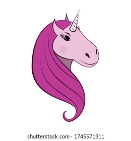 Cartoon unicorn head with pink mane and with a blush on its cheeks. Isolated on white background