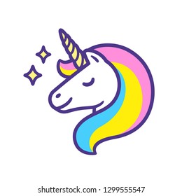 Cartoon unicorn head with rainbow mane and sparkles. Cute logo or print, isolated vector illustration.
