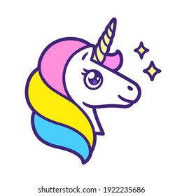 Cartoon unicorn head with rainbow mane and sparkles. Cute logo or print, isolated vector illustration.