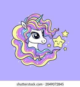 Cartoon unicorn head with rainbow mane and stars. Children's illustration. For the design of prints, posters, postcards, stickers, cards, etc. Vector.