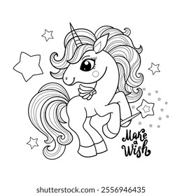 Cartoon unicorn holding a magic wand. Inscription make a wish. For children's design of coloring books, prints, posters, cards, stickers, puzzles, etc. Vector illustration.