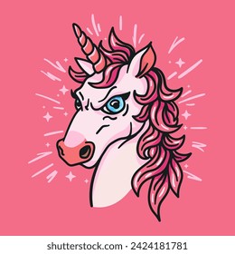 A cartoon unicorn illustration for a cute and trendy t shirt design. The angry but adorable character with a horn, stars, and a magical touch. Perfect for kids Not AI.