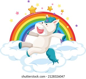 Cartoon unicorn jumping on a cloud with rainbow illustration