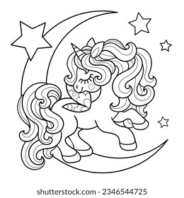 Cartoon Unicorn is jumping on the moon with stars. Black and white line drawing. For children's design of coloring books, prints, posters, stickers, cards, puzzles and so on. Vector