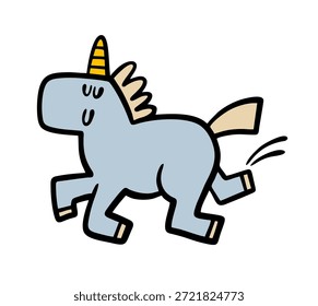 El unicornio de dibujos animados salta y baila. Ilustración vectorial de un animal fabuloso divertido con un cuerno. pezuñas, melena y cola. Criatura mitológica linda en un dibujo infantil.