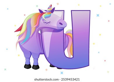 Cartoon Unicorn and letter U, card for education. Animal start with letter U. Animal alphabet card. Learning letter U card. Kids education