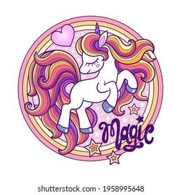Cartoon unicorn with a long mane. In the shape of a circle. For children's designs, prints, posters, postcards, stickers, etc. Vector
