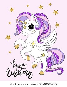 Cartoon unicorn with long mane and tale and text Magic unicorn. Vector color isolated ilustration with gold. For sticker, design, decoration, print, baby shower, t-shirt, dishes and kids apparel