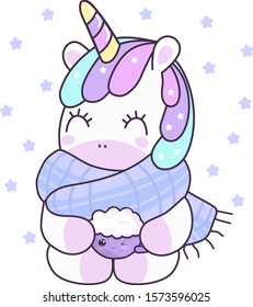 Cartoon Unicorn needs a coffee, good morning, magic vector greeting card. Magic baby loves hot chocolate. Kid's greeting card design. Isolated object on a white background.