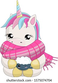 Cartoon Unicorn needs a coffee, good morning greeting card. Magic baby loves hot chocolate. Kid's greeting card design. Isolated object on a white background.