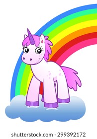 Cartoon unicorn on the cloud against the rainbow.
