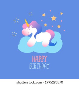 Cartoon unicorn on a cloud. Festive card with a unicorn on a cloud. Vector illustration.