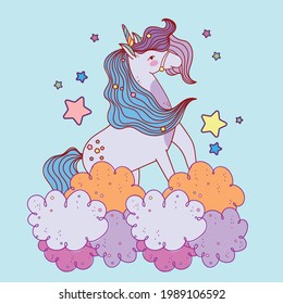 caricatura de unicornio sobre nubes