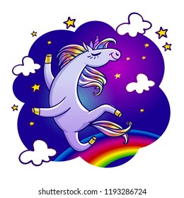 The cartoon unicorn on the disco. Vector illustration