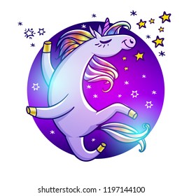 The cartoon unicorn on the disco. Vector illustration