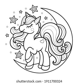 Cartoon unicorn on the moon. Cute fantasy image. For the design of coloring books, prints, posters, posters, postcards, tattoos. Vector