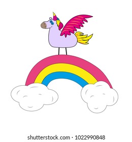 Cartoon unicorn on a rainbow with clouds