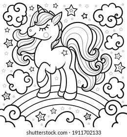 Cartoon unicorn on a rainbow. Doodle style. Fantastic animal. For the design of coloring books, prints, posters, stickers, tattoos. Vector