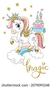 Cartoon unicorn on the rainbow with stars and castle. Vector color isolated ilustration with gold. For sticker, design, decoration, print, baby shower, t-shirt, dishes and kids apparel