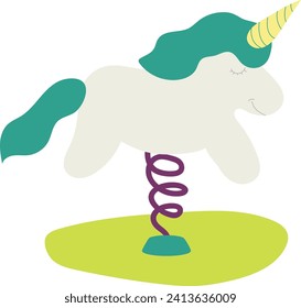 Cartoon unicorn on spring vector illustration. Cute pastel unicorn toy bouncing happily, kids whimsical nursery decor.