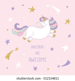 Cartoon unicorn on the starry sky. Cute inspirational card with glitter on pastel pink. For birthday cards, baby shower, notebook cover, t-shirt or pajamas design.