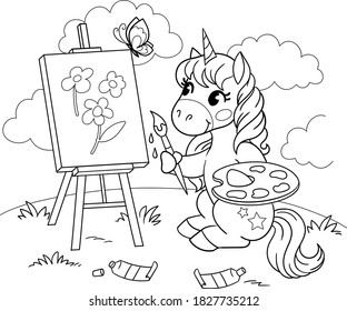 Cartoon unicorn with palette and easel. Artist painting flowers. Vector outline for coloring book