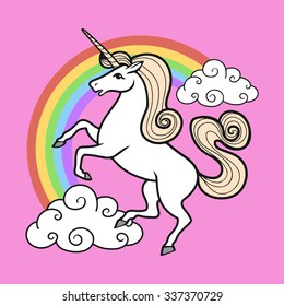 Cartoon unicorn with rainbow and clouds.
