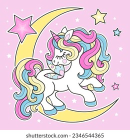 A cartoon unicorn with a rainbow mane is jumping on the moon with stars. Magic theme. For kids poster print design. cards, stickers, puzzles, etc. Vector illustration.