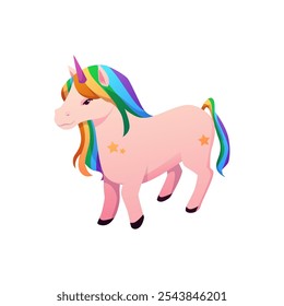 Unicornio de dibujos animados con una melena y cola de arco iris, soportes de cuerno rosado. Personaje lindo del unicornio de la fantasía, animal del pony del cuento de hadas. Hermosa criatura mítica femenina. Ilustración plana de Vector aislada en blanco