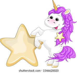 The cartoon unicorn received a gold star. Vector illustration of a pony with pink hair. Design of children 's T-shirts and lnvintation cards. Isolated Unicorn on a white background. 