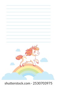 El unicornio de dibujos animados está corriendo sobre un arco iris con nubes y líneas en blanco en la parte superior para agregar su propio mensaje. Ilustración vectorial