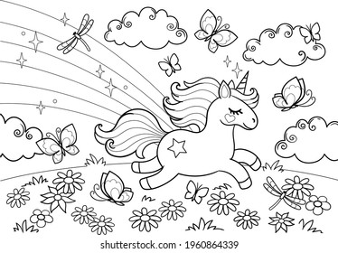 El unicornio caricaturista corre a través del prado con mariposas y flores. Esquema vectorial para la libreta de colores