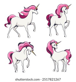 Conjunto de unicornio de dibujos animados. Caballo bonito del unicornio con la melena de rosa aislada Ilustración vectorial