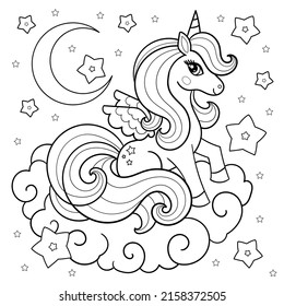 Cartoon Einicorn sitzt auf einer Wolke. Lineare Schwarzweißzeichnung. Fantasy-Tier. Für Kinder Design Farbbücher, Drucke, Poster, Karten, Aufkleber, etc. Vektorgrafik