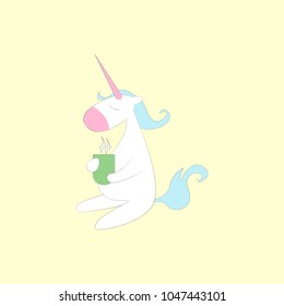 Cartoon unicorn sitting and drinking something from a green cup