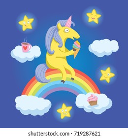 Cartoon unicorn sitting on rainbow and eat ice cream. Cupcake and tea. Emotional stars. Illustration for card, t-shirt print, poster, party invites. Children's illustration.  Vector image.