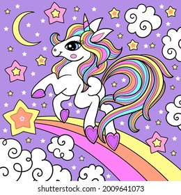 cartoon unicorn in the sky. Fantastic animal. For children's design of prints, posters, cards, stickers, etc. Vector