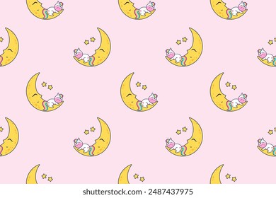 Cartoon unicorn sleeps on the moon. Vector seamless pattern.