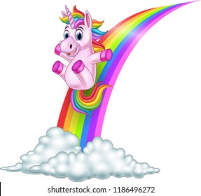 Cartoon unicorn sliding on a rainbow