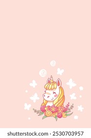 Cartoon unicorn smiling surrounded by flowers and butterflies on a pink background, ideal for joyful and positive projects. Vector illustration