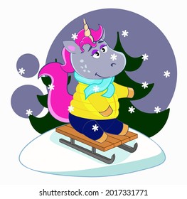  A Cartoon unicorn snow sledding downhill