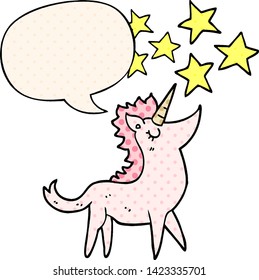 cartoon unicorn with speech bubble in comic book style
