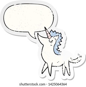 caricatura de unicornio con burbuja de habla angustiada pegatina vieja